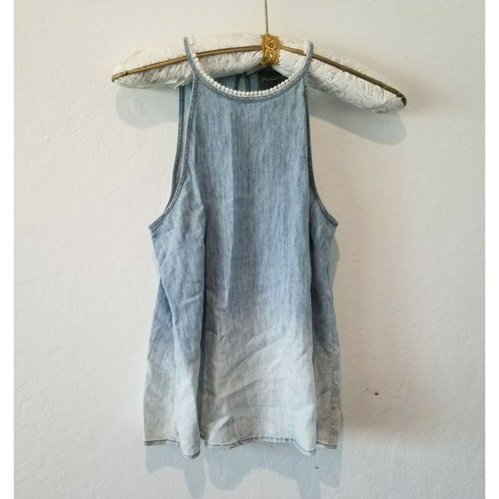 Michael Stars Women's XS Sleeveless Top Pompom Keyhole Neck Washed Denim Blue